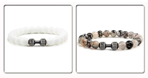 Bracelet en pierre volcanique naturelle pour hommes et femmes, noir mat, perles blanches, breloque, haltère, bijoux de Fitness – Image 8