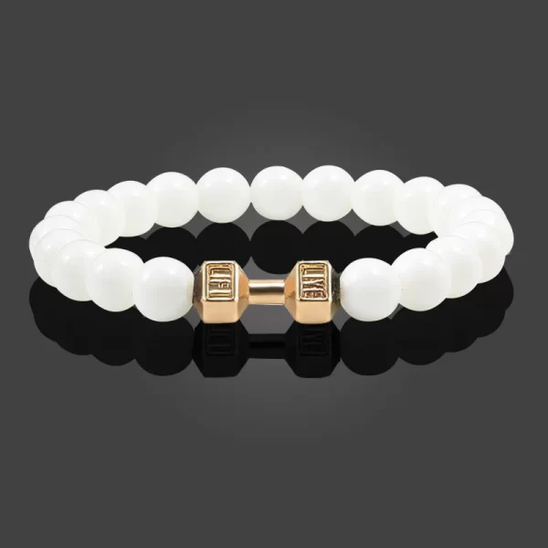 Bracelet en pierre volcanique naturelle pour hommes et femmes, noir mat, perles blanches, breloque, haltère, bijoux de Fitness – Image 4