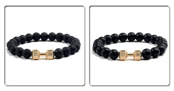 Bracelet en pierre volcanique naturelle pour hommes et femmes, noir mat, perles blanches, breloque, haltère, bijoux de Fitness – Image 7