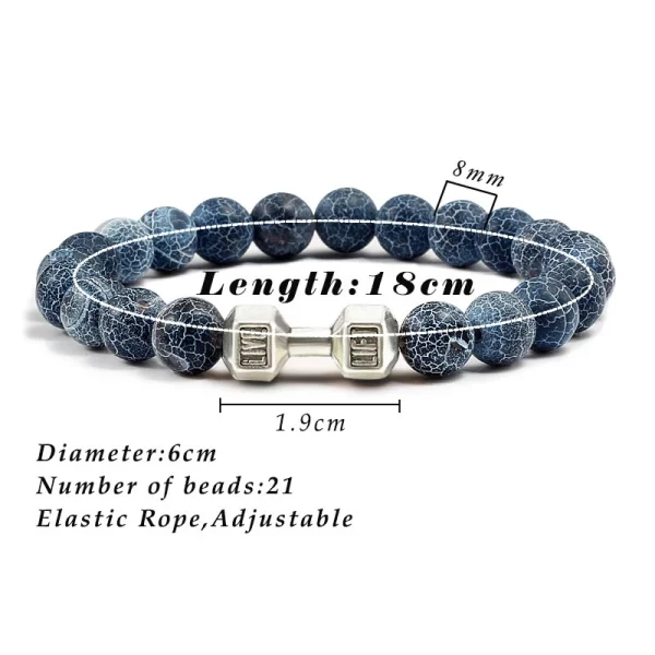 Bracelet en pierre volcanique naturelle pour hommes et femmes, noir mat, perles blanches, breloque, haltère, bijoux de Fitness – Image 6