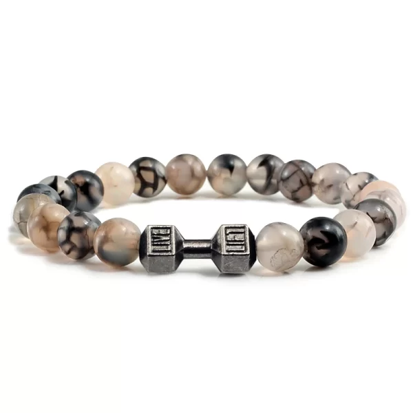 Bracelet en pierre volcanique naturelle pour hommes et femmes, noir mat, perles blanches, breloque, haltère, bijoux de Fitness – Image 3