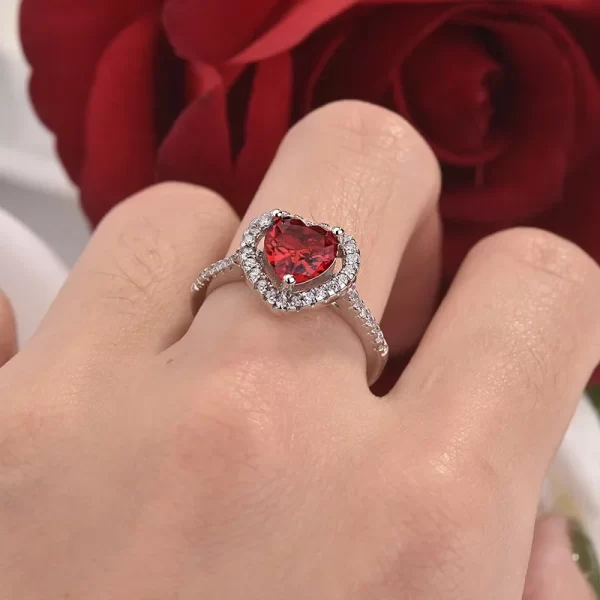 Bagues de fiançailles classiques simples en forme de cœur pour femmes, couleur argent, incrustation de pierre CZ blanche et rouge, bijoux à la mode, cadeau de fête de mariage, nouvelle collection – Image 4