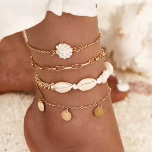 Ensembles de bracelets de cheville en coquillage bohème pour femmes, bracelet de rinçage à paillettes, bijoux de pied de jambe, cadeau de plage d'été, 4 pièces par ensemble