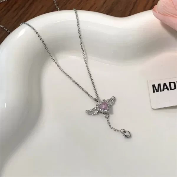 Colliers avec pendentif ailes d'ange en cristal et cœur pour femmes et filles, Simple Y2K, en Zircon rose et blanc, amour élégant, bijoux pour femmes, 2024 – Image 4