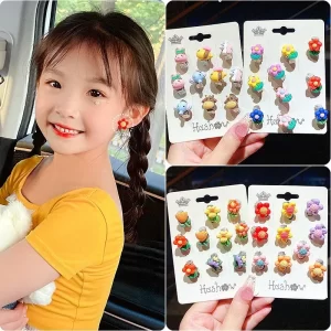 Réinitialisation d'oreille sans trou d'oreille pour filles, boucles d'oreilles fleur mignonnes, princesse pour enfants, cadeaux d'anniversaire pour filles, accessoires pour enfants, nouveau, 10 pièces