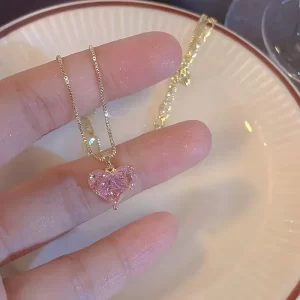 Collier avec pendentif en forme de cœur en Zircon rose pour femmes et filles, bijoux de fête Punk élégants et doux, nouvelle mode Y2k, 2024