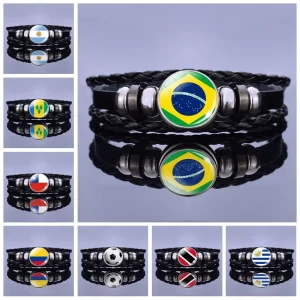 Bracelet en cuir tressé avec sensation de pays d'Amérique du Sud, Brésil, Argentine, Chili, Colombie, cadeau d'amoureux de football