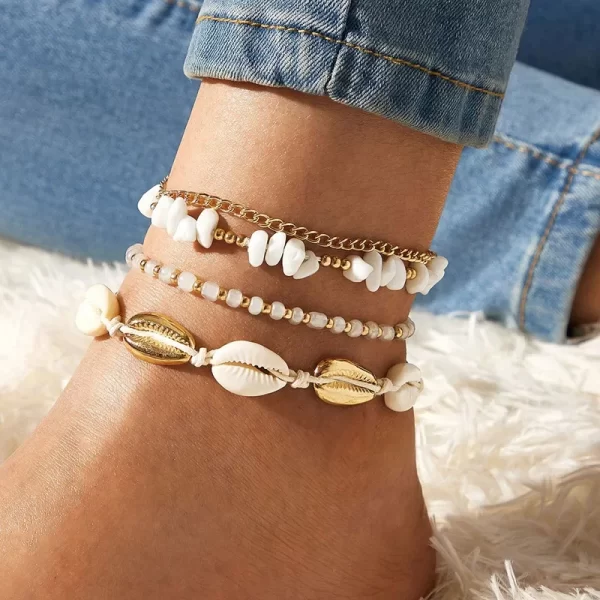 Ensembles de bracelets de cheville en coquillage bohème pour femmes, bracelet de rinçage à paillettes, bijoux de pied de jambe, cadeau de plage d'été, 4 pièces par ensemble – Image 2