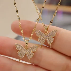 Collier papillon brillant, pendentif en cristal doré exquis, chaîne pour dames, bijoux cadeau de fête de mariage