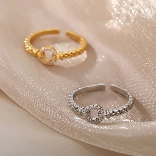 Bagues ouvertes classiques en chaîne torsadée pour femmes, Zircon en acier inoxydable, anneau de Couple enveloppé torsadé géométrique, bijoux esthétiques de mariage – Image 7