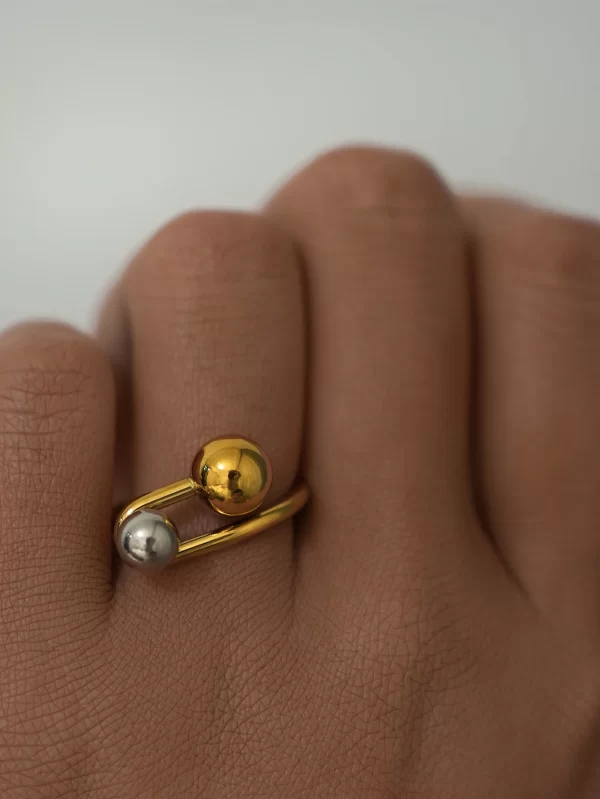 Classique 304 acier inoxydable exagéré deux boules anneau ouvert délicat 18K or PVD plaqué doigt bijoux à la mode colьца 2025 nouveau – Image 2