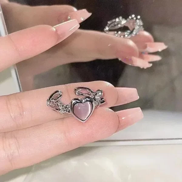Bague coeur œil de chat réglable pour femme, bague coeur de pêche, matiques en cristal, design haut de gamme, cadeau de bijoux de fête de mariage, mode