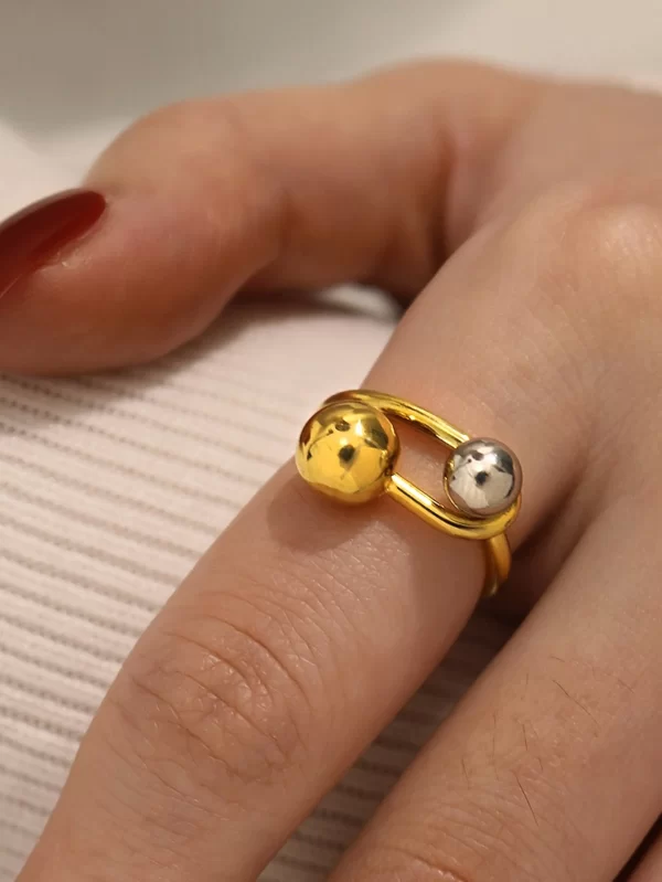 Classique 304 acier inoxydable exagéré deux boules anneau ouvert délicat 18K or PVD plaqué doigt bijoux à la mode colьца 2025 nouveau – Image 4