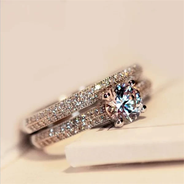 Bague ronde éblouissante couleur or Rose argent pour femmes, ensemble de bagues de mariage en métal incrusté de pierres de Zircon, bijoux de fiançailles