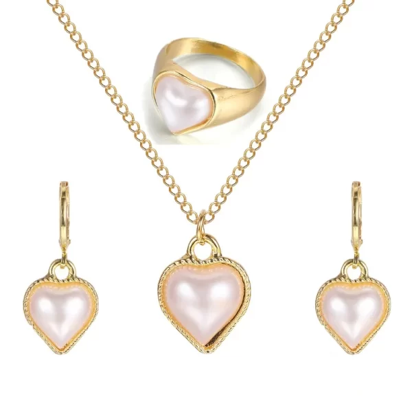 Ensemble de boucles d'oreilles en forme de coeur pour femmes, collier, bague, pendentif en perles, boucles d'oreilles créoles, bijoux de fête de mariage, mode, 3 pièces – Image 6