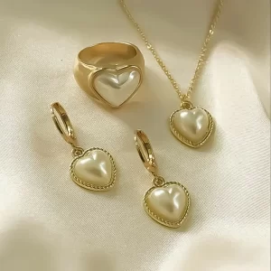 Ensemble de boucles d'oreilles en forme de coeur pour femmes, collier, bague, pendentif en perles, boucles d'oreilles créoles, bijoux de fête de mariage, mode, 3 pièces