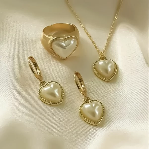 Ensemble de boucles d'oreilles en forme de coeur pour femmes, collier, bague, pendentif en perles, boucles d'oreilles créoles, bijoux de fête de mariage, mode, 3 pièces