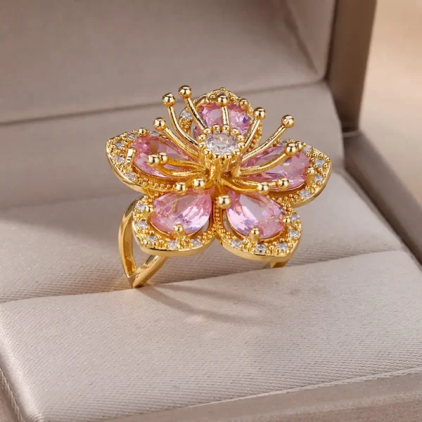 Bagues à fleurs en Zircon couleur or pour femmes et filles, bague élégante en acier inoxydable, bijoux floraux, tendance, luxe, esthétique, Style 2025 – Image 3