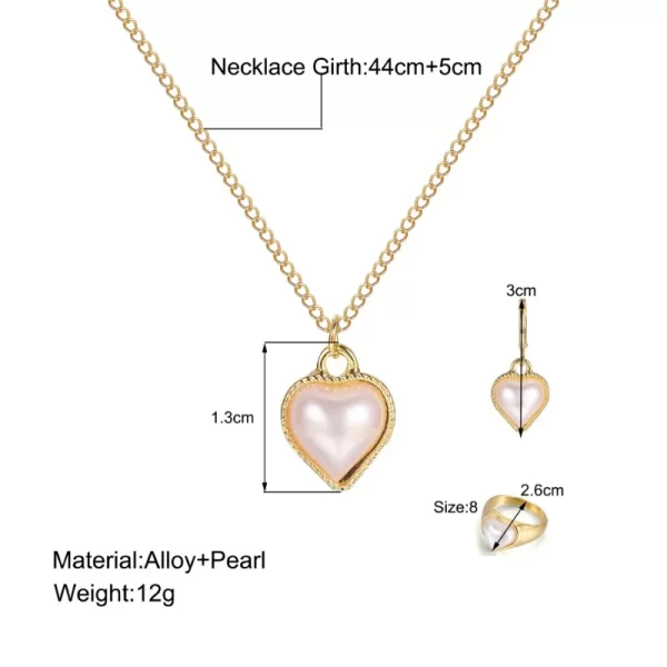 Ensemble de boucles d'oreilles en forme de coeur pour femmes, collier, bague, pendentif en perles, boucles d'oreilles créoles, bijoux de fête de mariage, mode, 3 pièces – Image 5