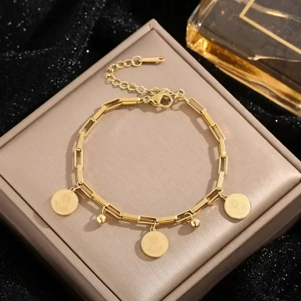 Bracelet doré en acier inoxydable pour femme, style hip hop, signe rond, pendentif portrait, croix large, accessoires de bijoux JOJewelry, 1PC – Image 5