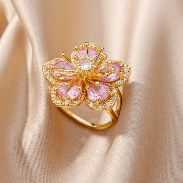Bagues à fleurs en Zircon couleur or pour femmes et filles, bague élégante en acier inoxydable, bijoux floraux, tendance, luxe, esthétique, Style 2025 – Image 2