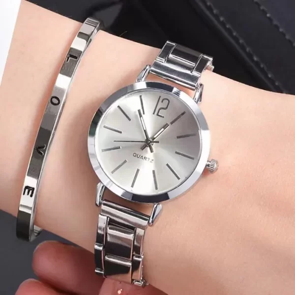 2 pièces ensemble montre de luxe femmes cadran Simple Bracelet creux mode Bracelet en or Quartz montre-Bracelet étudiant dames montres Reloj Mujer – Image 2