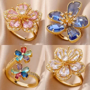 Bagues à fleurs en Zircon couleur or pour femmes et filles, bague élégante en acier inoxydable, bijoux floraux, tendance, luxe, esthétique, Style 2025