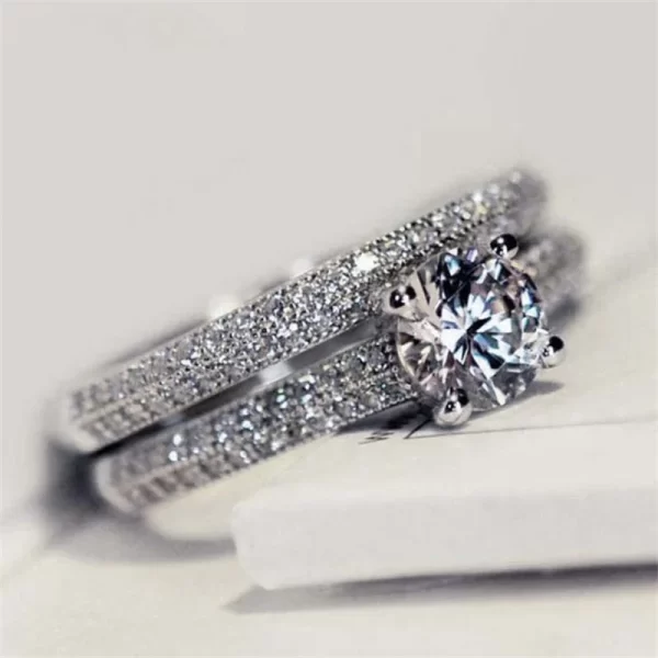 Bague ronde éblouissante couleur or Rose argent pour femmes, ensemble de bagues de mariage en métal incrusté de pierres de Zircon, bijoux de fiançailles – Image 2