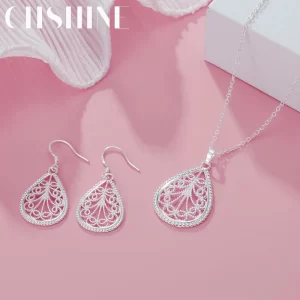Fine 925 en argent sterling élégant motif de goutte d'eau pendentif collier boucle d'oreille pour les femmes de luxe mode fête de mariage ensembles de bijoux