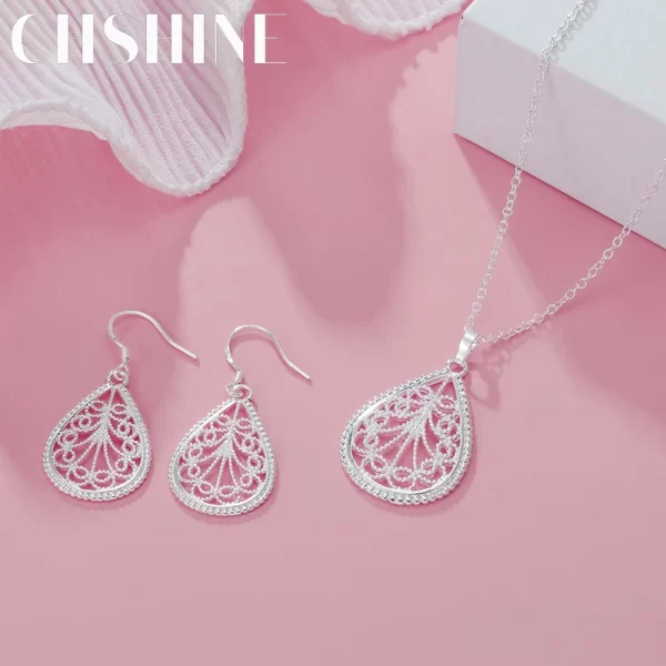 Fine 925 en argent sterling élégant motif de goutte d'eau pendentif collier boucle d'oreille pour les femmes de luxe mode fête de mariage ensembles de bijoux
