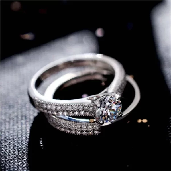 Bague ronde éblouissante couleur or Rose argent pour femmes, ensemble de bagues de mariage en métal incrusté de pierres de Zircon, bijoux de fiançailles – Image 4